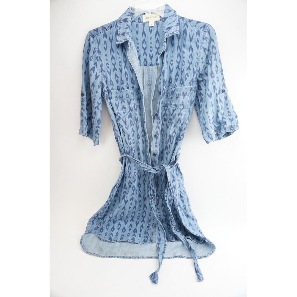 Cloth & Stone Shirt Dress Womens S Blue Ikat Tencel Button Front Belted EUC